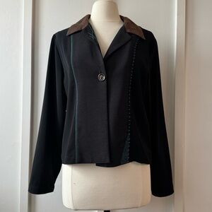 K.D. Spring Black Button Front Jacket - Contrast Collar & Stitch Detail - Size M
